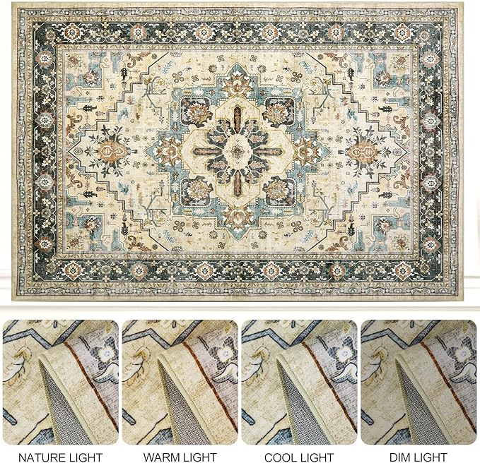 Area Rugs for Living Room 6x9 - Machine Washable Vintage Oriental Soft Rug, Low Pile Thin Floor Carpet with Non Slip Backing for Bedroom, Dorm, Under Dining Room Table, Indoor House, Office Decor
