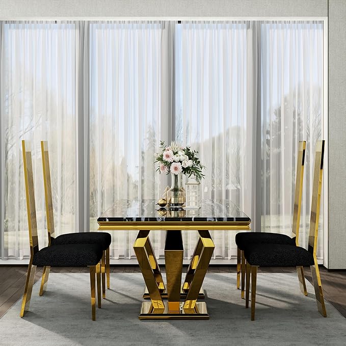 Dining Chairs Set of 6, Black Boucle Dining Room Chairs with Polished Gold Stainless Steel Legs and High Back