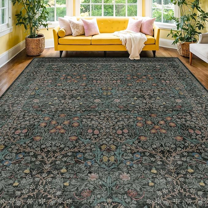 Washable Dark Green Rug for Living Room - 9x12 Large Area Rug for Dining Room Under Table, Bedroom, Soft Low Pile Non-Slip Stain Resistant Carpet - Vintage Floral Design (9x12 Dark Green)