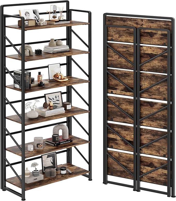 JSB No Assembly Folding Bookshelf, 6 Tier Industrial Metal Book Shelf for Storage, Vintage Wood Foldable Bookcase for Living Room, Bedroom, Office Organization Shelves