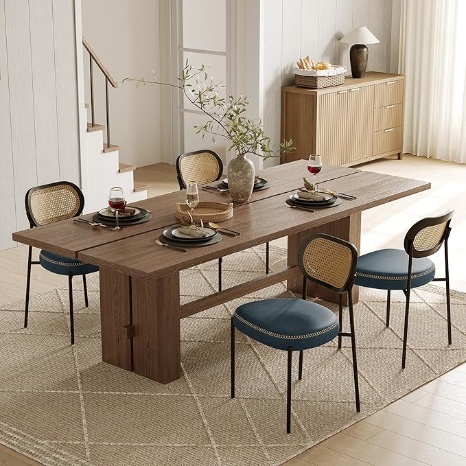 Rattan Dining Chairs Set of 2, Blue Leather Upholstered Dining Chairs with Rattan Cane Back, Mid Century Modern Dining Room Chairs with Black Metal Legs & D-Shaped Thicken Cushion, Blue