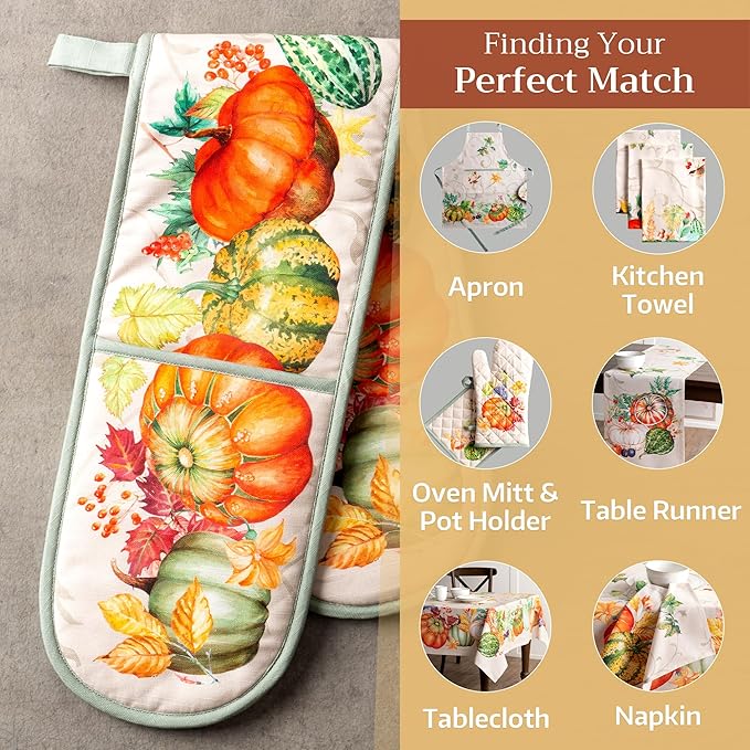 Maison d' Hermine Double Oven Mitt (7" x 35") 100% Cotton Heat Resistant BBQ Cooking Gloves with Loop for Thanksgiving Christmas Decorations Baking Cooking Barbeque Handling Hot Pan (Lumina)