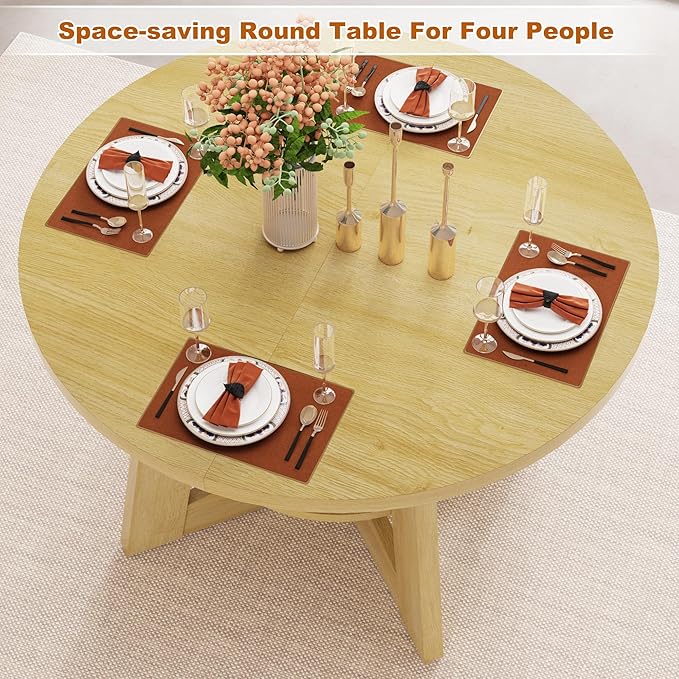 47"-63" Extendable Dining Table for 4 5 6 People,63" Farmhouse Round Extending Dining Table w/Removable Leaves Space Saving,Wooden Adjustable Tables for Kitchen Office Living Room Natural