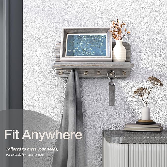 Rebee Vision Pine Wood Key Holder Wall Mount for Room Decor Aesthetic – Wooden Key Holder for Wall with 6 Hooks & Floating Shelf - Farmhouse Home Organization Accent (Distressed Gray)