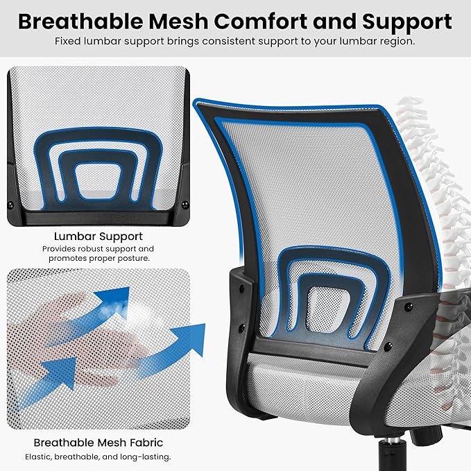 Yaheetech Ergonomic Office Chair Mid Back Computer Chair Mesh Desk Chair with Lumbar Support Armrest Executive Rolling Swivel Adjustable Task Chair for Adults, Grey