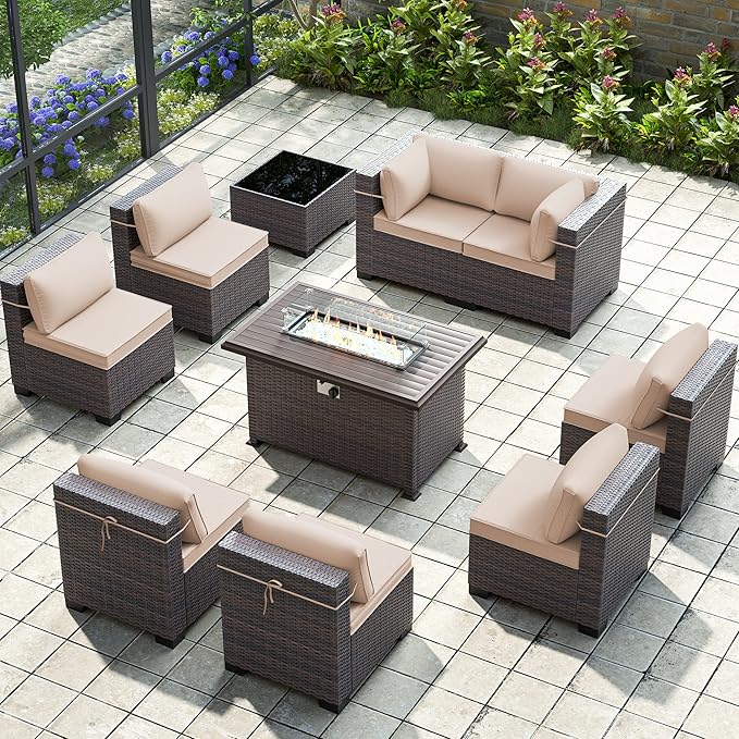 Gotland 10 Pieces Patio Furniture Set with Fire Pit Table, All Weather Rattan Outdoor Furniture with 29.5'' High Backrest 4’’ Thick Cushions Coffee Table, Outdoor Sofa for Deck, Garden, Khaki