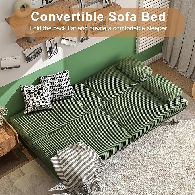 Shahoo Modern Upholstered Convertible Folding Futon Sofa Bed with Removable Armrests, Metal Legs, 2 Cup Holders for Living Room, Green