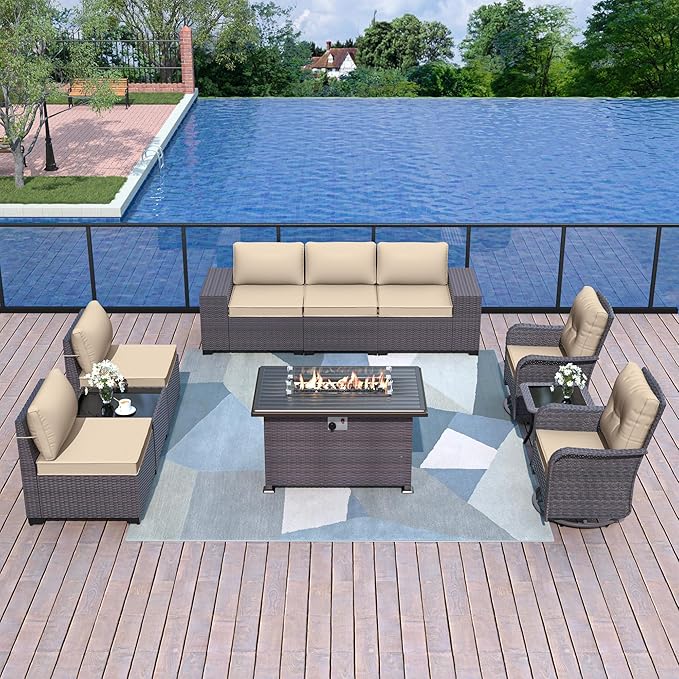 Kurapika 10 Pieces Patio Furniture Set, Rattan Wicker Outdoor Conversation Sets w/43in Propane Fire Pit Table, Swivel Rocking Chairs Patio Sectional Sofa w/4 Inch Cushion, Sand