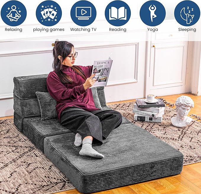 Folding Sofa Bed, Convertible Sleeper Chair with Pillow, High Density Memory Foam Fold Out Couch, Foldable Mattress Futon Sofa for Living Room/Dorm/Guest Use/Apartment/Home Office