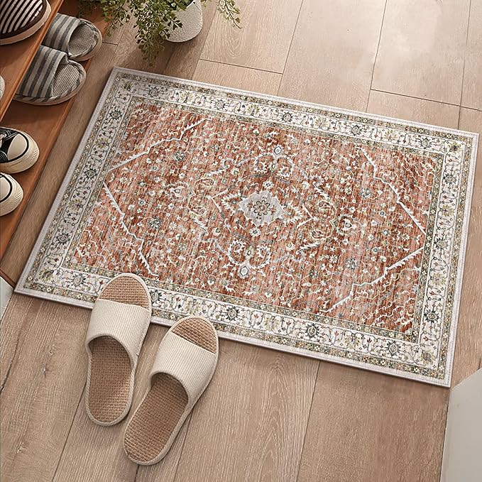 Deerly Washable Rug Small 2x3 Area Rug for Entryway Indoor Kitchen - Soft Rugs Low Pile Non-Slip Rubber Backing Oriental Indoor Area Rug (Border Brick Red ), 2'x3'