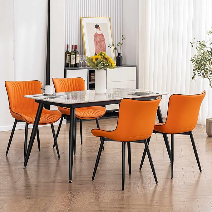 YOUTASTE Dining Chairs Set of 2, Mid Century Modern Upholstered Faux Leather Kitchen Room Chairs, with Black Metal Legs, Armless Accent Chair for Living Room, Bedroom, Vanity, Orange