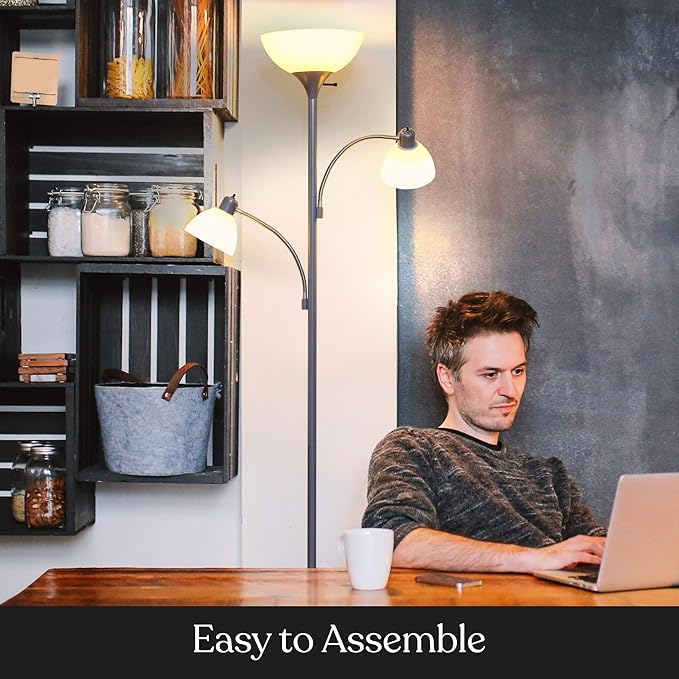 Brightech Sky Dome Double LED Floor lamp, Torchiere Super Bright Floor Lamp with 2 Reading Lamps for Living Rooms & Offices - Dimmable Tall Standing Lamp for Bedroom Reading - Tall Silver Pole