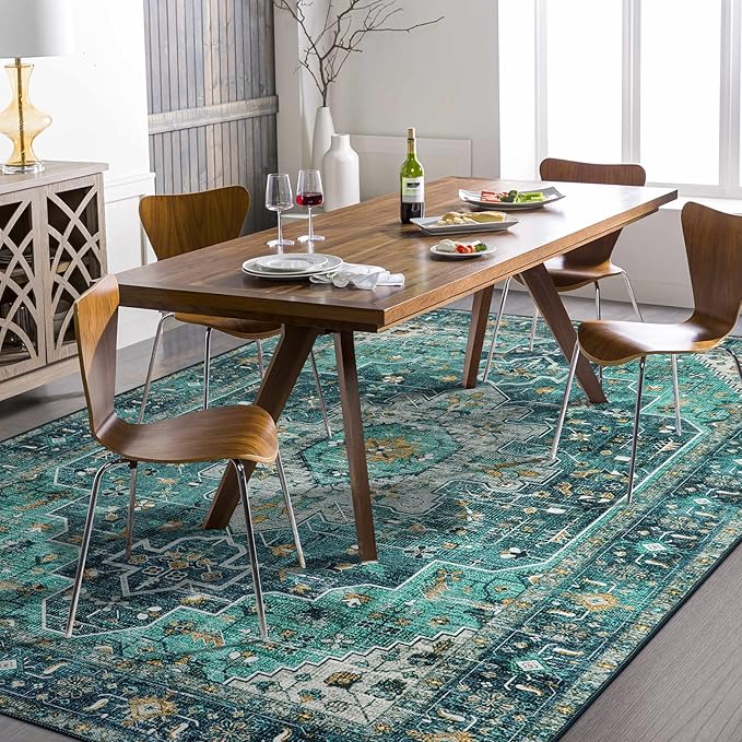Moynesa Ultra-Thin Vintage Area Rug - 9x12 Large Living Room Rug, Non-Slip Stain Resistance Low Pile Bedroom Mat, Oriental Indoor Office Floor Carpet for Dining Room Kitchen Table Dorm
