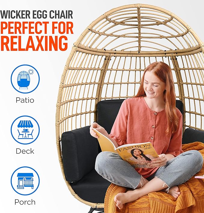 SereneLife Black Wicker Rattan Egg Chair for Indoor and Outdoor Use - Comfy Sofa Chair with 4 Washable Cushions, Durable Powder-Coated Steel Frame, Stylish Ribbed Back, Supports up to 440lbs