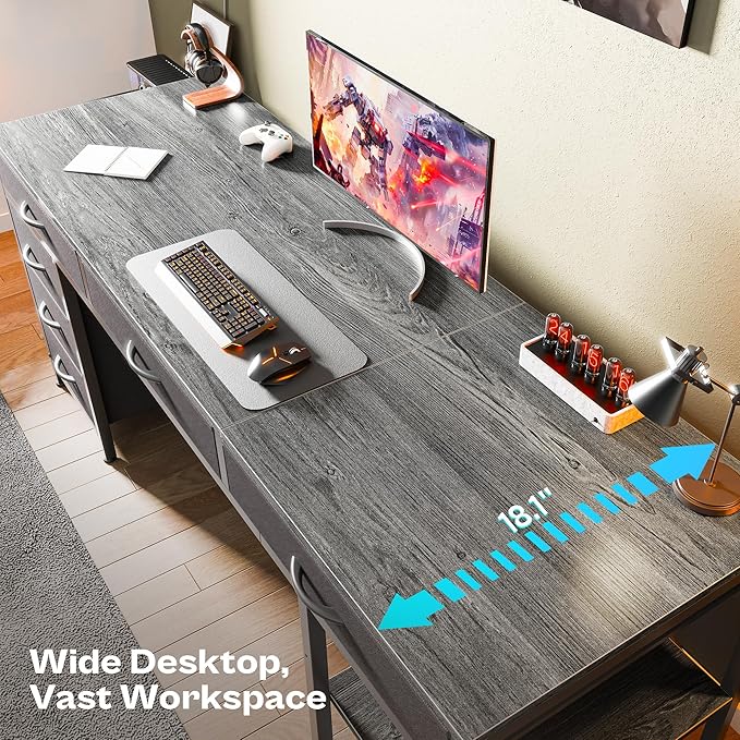 Huuger Computer Desk with 6 Drawers, 63 Inch Office Desk with Shelves, Reversible Gaming Desk, Corner Desk with Storage, for Home Office, Study, Living Room, Grey