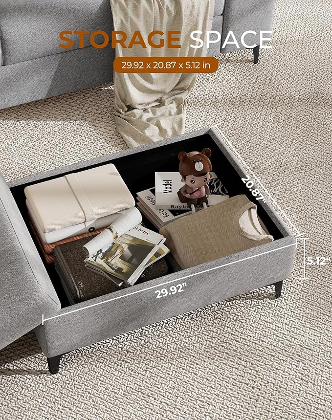 71.25" L Shaped Sectional Couches for Living Room, Deep Seat Sofa with Storage Ottoman & 8”Cushion, Comfy 2-Seater Chenille Loveseat, Convertible Armrest, Removable Cover for Small Space(Light Gray)