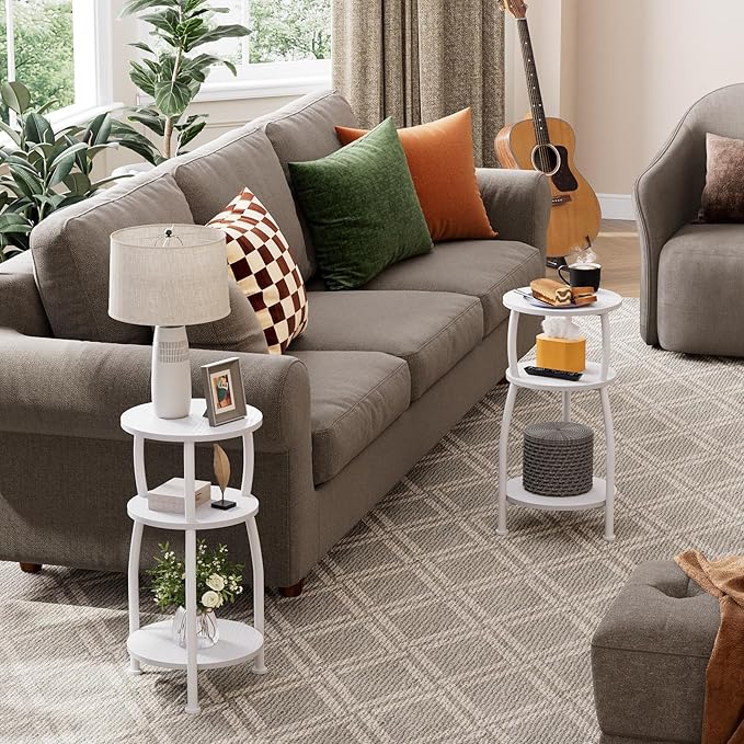 Small Round Side Table, 3-Tier End Table with Storage Shelf, Slim Sofa Table Coffee Table, Sturdy & Easy Assemble Nightstand for Small Spaces, Living Room Bedroom Corner, White