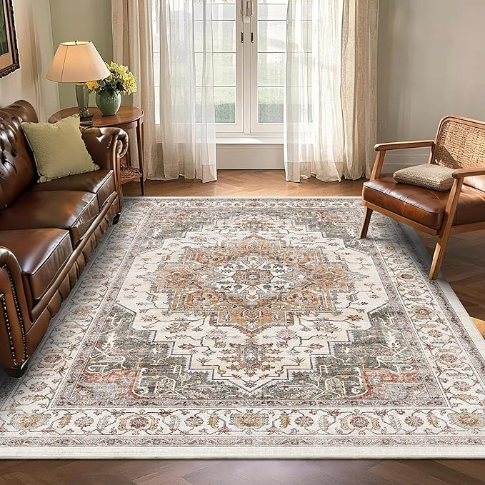 5x7 Area Rugs for Living Room Ultra-Soft Washable Rug Vintage Distressed Boho Area Rug, Non-Slip Retro Print Low Pile Stain Resistant Carpet for Bedroom Dining Room Kitchen Office