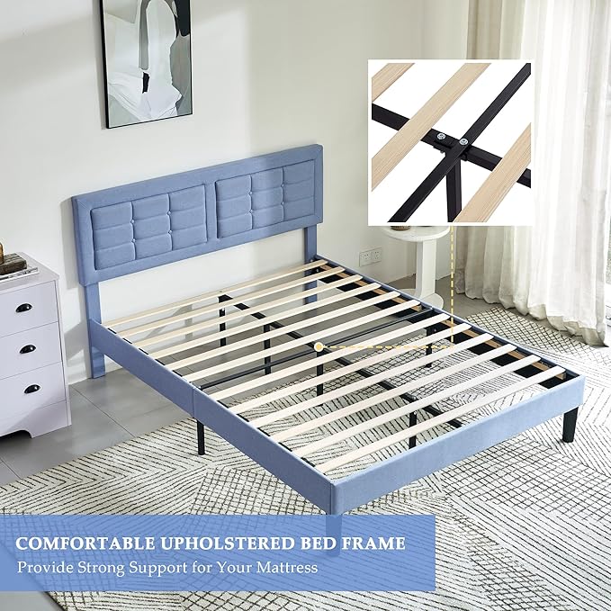 VECELO Full Size Bed Frame with Adjustable Headboard, Upholstered Button Tufted Platform Bedframe with Wood Slats Support, No Box Spring Needed, Light Blue