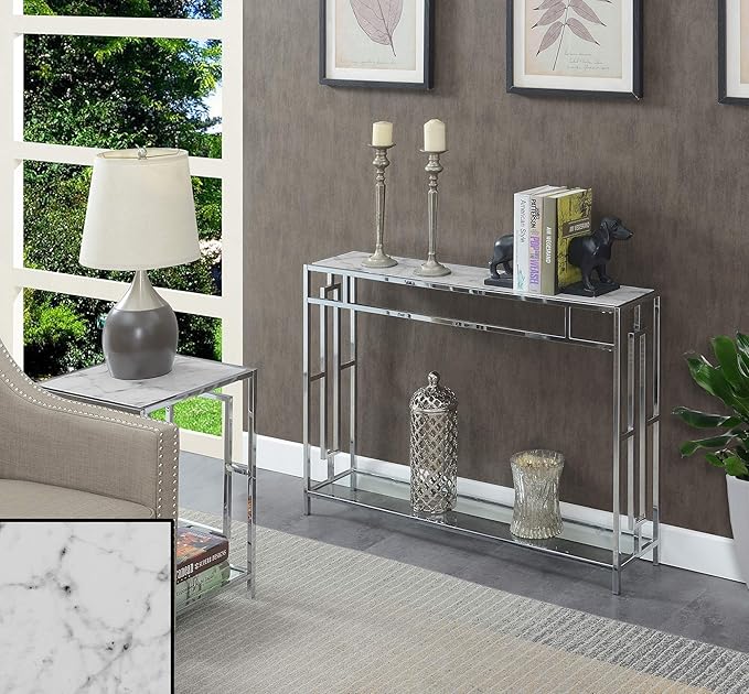 Town Square Chrome Console Table with Shelf, White Faux Marble/Chrome