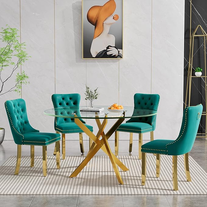 Goujxcy 5 Piece Round Glass Dining Table Set for 4, 47" Round Dining Table & Chair Set Modern Circle Glass Kitchen Table and 4 Velvet Upholstered Chairs for Kitchen Dining (Gold Table & Green Chair)