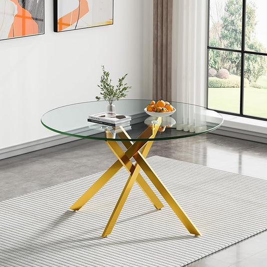 47.24" Round Glass Dining Room Table for 6 with Tempered Glass Top and Gold Metal Legs, Modern Clear Kitchen and Dinner Table for Home Office Dining Room