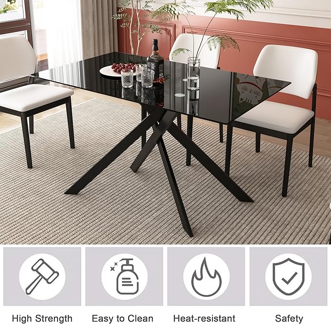 HomVent 51.18" Rectangular Black Glass Dining Table,Stylish Design with Black Metal Legs, Dining Table for Dining Room