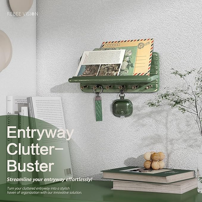 Rebee Vision Pine Wooden Key Holder Wall Mount for Home Decor – Decorative Key Holder for Wall with 6 Hooks & Floating Shelf – Rustic Organizer for Room Decor Aesthetic (Green)