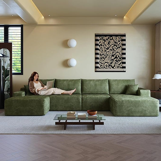 136" Sectional Couches for Living Room Modern Modular Sofa with L-Shape Couchs Upholstered Boneless Couch Deep Seat Sectional Couch with Chaise (Green, Right Facing Chaise+3Seaters+Ottoman)