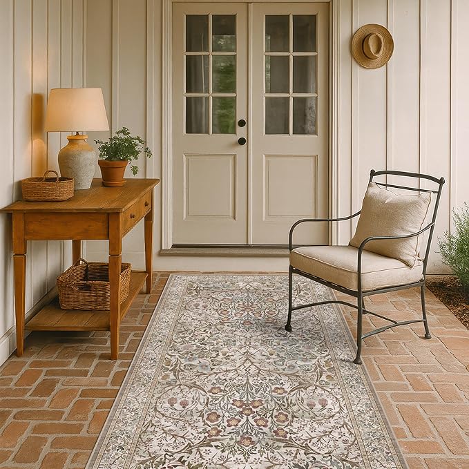 Vintage Moss Green 3x6 Area Rugs for Large Entryway, Bedroom Beside Rug, Kitchen, Non-Slip Low Pile Ultra Soft Stain Resistant Small Floral Neutral Carpet