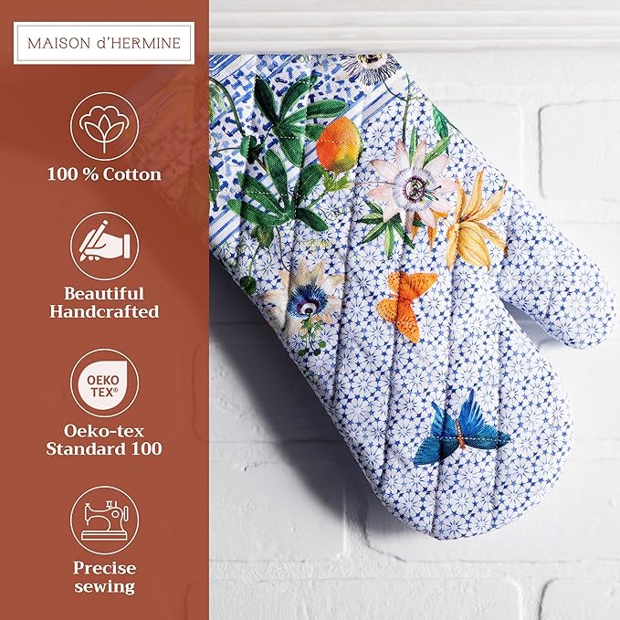 Maison d' Hermine Oven Gloves 100% Cotton Oven Mitt 7" x 13" with Loop Heat Resistant, BBQ, Cooking Gloves, Baking, Grilling, Kitchen, Handling Hot Pans Spring/Summer (Pack of 1, Passiflora)