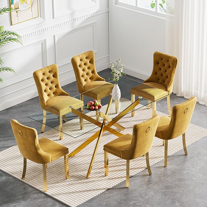 Goujxcy 7 Piece Glass Dining Table Set Modern Glass Dining Table Set for 6, 61" Rectangular Kitchen Table and 6 Velvet Upholstered Chairs, Gold Table & Gold Chair