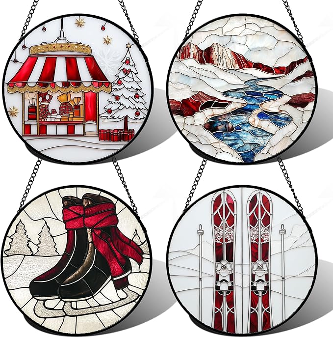 Stained Glass Window Hanging 4 Pcs Set Winter Skiing Red Christmas House 9.8" - Suncatcher Door Garden Sun Catcher Decor Birthday Mother's Day for Mom Woman Nana Friend