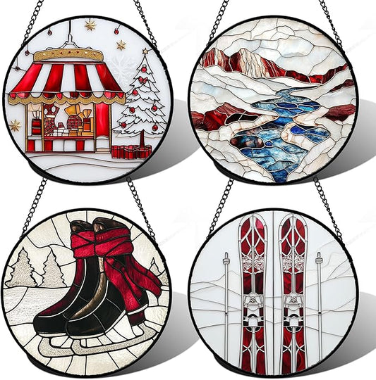 Stained Glass Window Hanging 4 Pcs Set Winter Skiing Red Christmas House 9.8" - Suncatcher Door Garden Sun Catcher Decor Birthday Mother's Day for Mom Woman Nana Friend