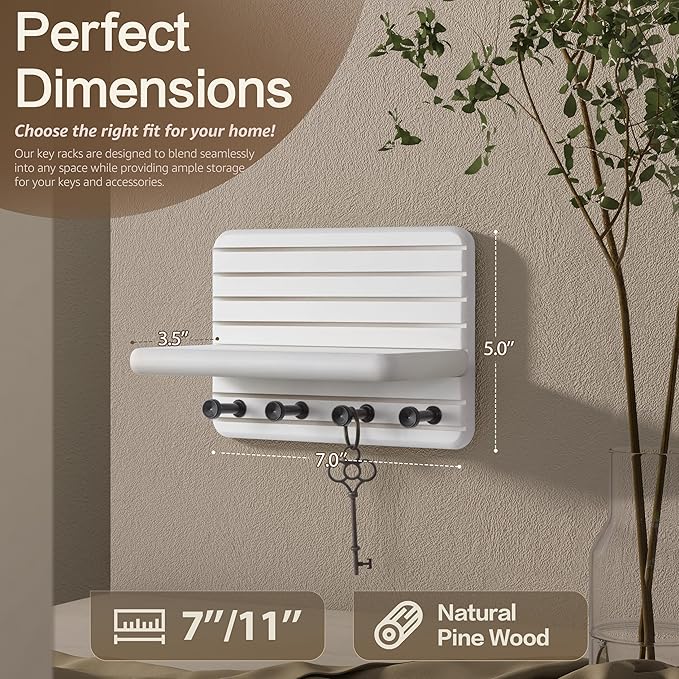 Rebee Vision Small Key Holder Wall Mount for Home Storage – Stylish 7-Inch Key Holder for Wall with 4 Hooks & Mini Floating Shelf - Beautify Your Entryway, Living Room, Bedroom Decor (White)