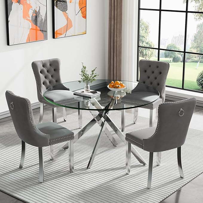 Goujxcy 5 Piece Round Glass Dining Table Set for 4, 47" Round Dining Table & Chair Set Modern Circle Glass Kitchen Table and 4 Velvet Upholstered Chairs for Kitchen Dining (Silver Table & Grey Chair)