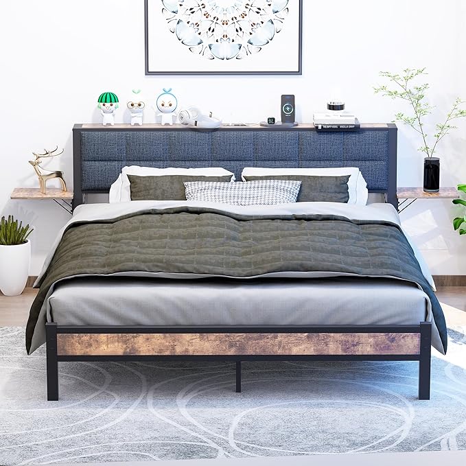 Queen Metal Bed Frame with Ergonomic Upholstered Headboard and Charging Station, Platform Bed Frame with Storage Shelves, Heavy Duty Metal Slats, No Box Spring Needed, Brown+Grey