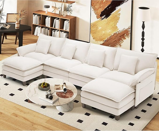 Modular Sectional Sofa, Comfy Cloud Couch with Movable Ottoman, Deep Seat Couches for Living Room, Bedroom and Apartment, 140" U Shaped Modern Sofa with Pillows, Beige