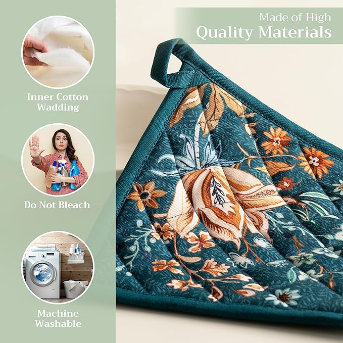Maison d' Hermine Pot Holders 100% Cotton Heat Resistant Potholders 8" x 8" Hot Pads with Loop for Thanksgiving Christmas Decorations Baking Handling Hot Pans (Pack of 1, Luxury Loft - Dark Teal)