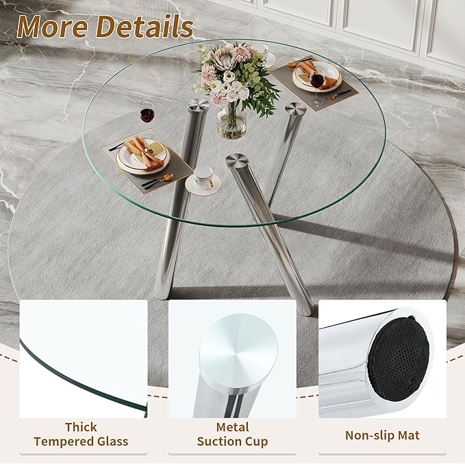 35" Round Dining Table for 4, Modern Round Glass Dining Table with Metal Legs, Round Kitchen Table for Dining Room Home Office Small Spaces