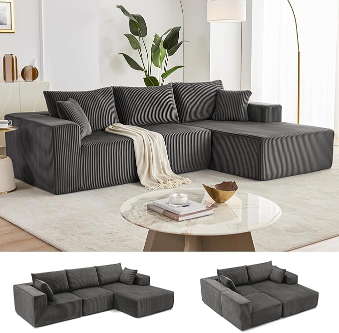 108” Modular Sectional Sofa, Cloud Sectional Couch with Deep Seat, Modern Modular L-Shape Sofa with Chaise,Upholstered Boneless Couches for Living Room Bedroom (Corduroy, Darkgrey)