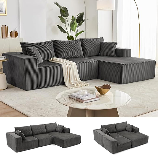 108” Modular Sectional Sofa, Cloud Sectional Couch with Deep Seat, Modern Modular L-Shape Sofa with Chaise,Upholstered Boneless Couches for Living Room Bedroom (Corduroy, Darkgrey)