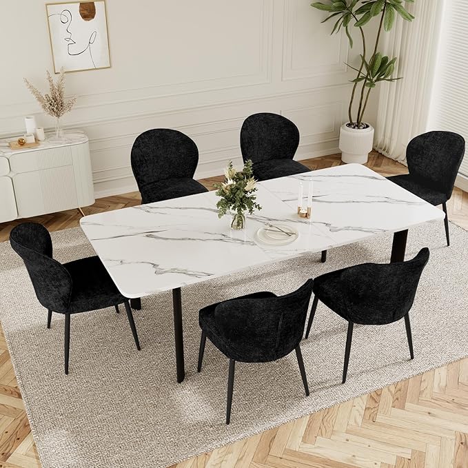 Dining Chairs Set of 2, Modern Fabric Dining Room Chairs with Curved Backrest Well-Padded Seat, Upholstered Kitchen Chairs for Living Dining Room, Black