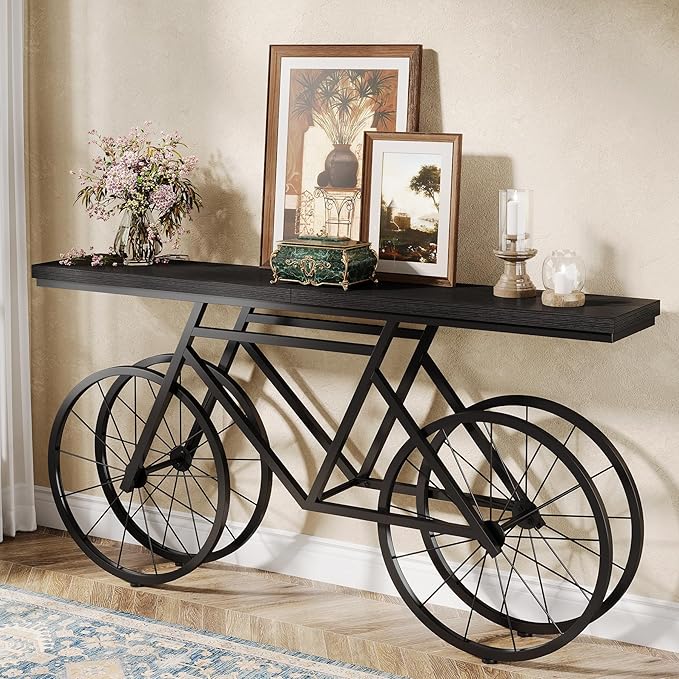 Tribesigns 70.9-Inch Extra Long Console Table, Narrow Sofa Table with Bicycle Metal Base, Modern Industrial Entryway Table Behind Couch Table for Living Room, Hallway, Entrance, Foyer, Black