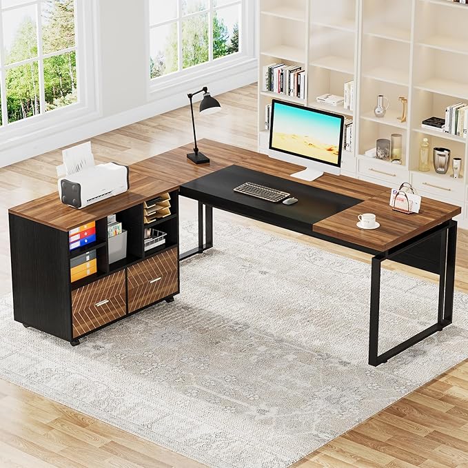 Tribesigns L-Shaped Executive Desk with Reversible File Cabinet, 63" Office Desk with Storage Drawers, L-Shaped Computer Desk with Drawer Cabinet for Hanging Letter Size Files (Walnut & Black)