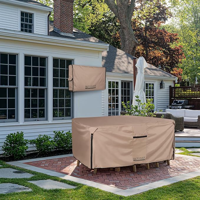 ULTCOVER Square Patio Heavy Duty Table Cover - 600D Tough Canvas Waterproof Outdoor Dining Table and Chairs General Purpose Furniture Cover Size 74 inch