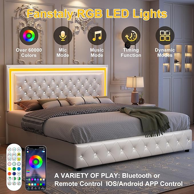 Full Led Bed Frame with 4 Storage Drawers, Bed Frame with Led Lights No Box Spring Needed, 900 lbs Capacity, Easy Assembly, PU White