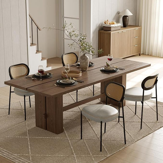 Rattan Dining Chairs Set of 4, Beige Leather Upholstered Dining Chairs with Rattan Cane Back, Mid Century Modern Dining Room Chairs with Black Metal Legs & D-Shaped Thicken Cushion, Beige