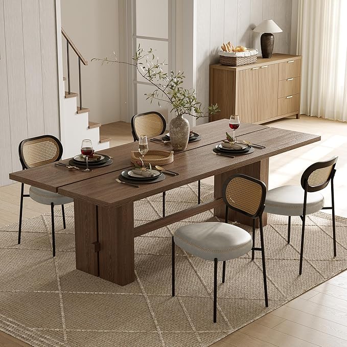 Rattan Dining Chairs Set of 6, Beige Leather Upholstered Dining Chairs with Rattan Cane Back, Mid Century Modern Dining Room Chairs with Black Metal Legs & D-Shaped Thicken Cushion, Beige