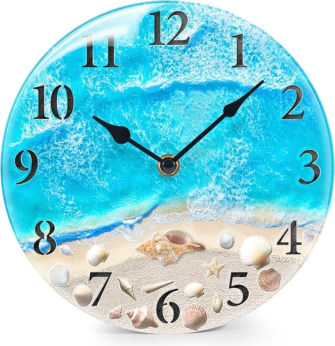 Coastal Nautical Glass Wall Clock with Seashell Design and Aesthetic Beach Theme - Battery Operated Silent Wall Decor for Home, Kitchen, Living Room, Office, Bedroom, or Bathroom (8 Inch,Light Blue)